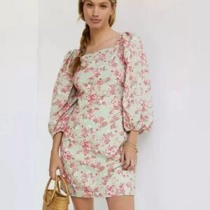 Anthropologie Forever That Girl green pink floral puff sleeve mini dress Small